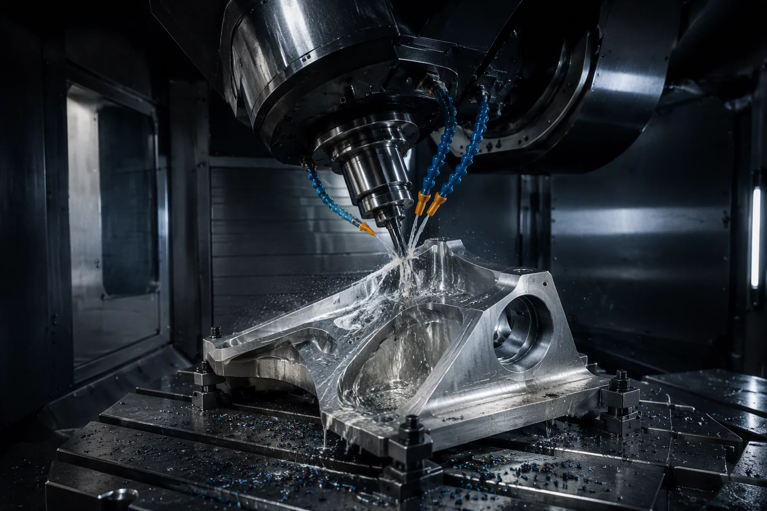 High precision CNC machine spindle performing programmed toolpath