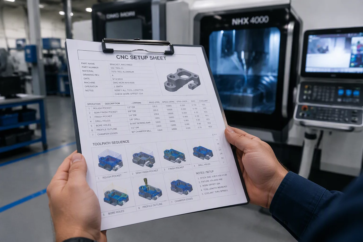 CNC manufacturing engineer checking operation sequence sheet and priority routing