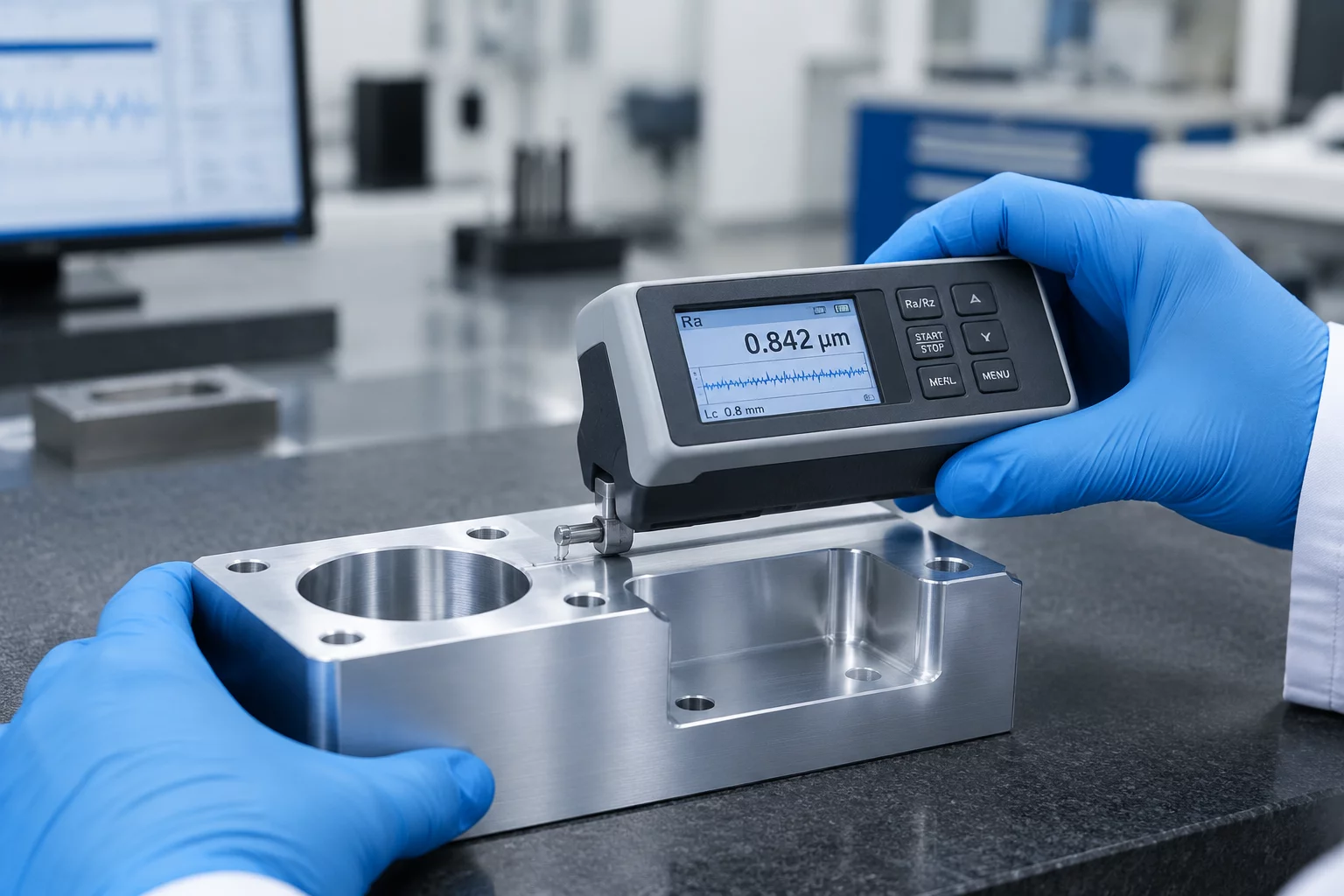 Digital profilometer measuring Ra surface roughness on a machined aerospace contour